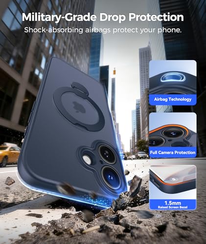 Image of FNTCASE for iPhone 17 Case: [360 Spin Magnetic Stand] [Compatible with Magsafe] [Screen Protector] Translucent Matte Military Grade Shockproof Full Camera Protective Phone Cover - Deep Blue