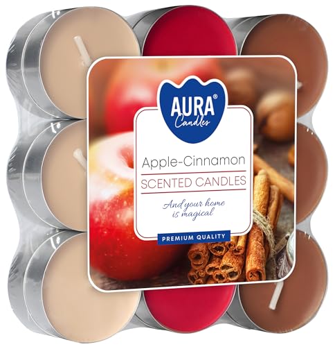 18 petites bougies chauffe-plat parfumées pomme – cannelle, arôme léger jusqu'à 4 heures, diamètre : 3,9 x 1,5 cm