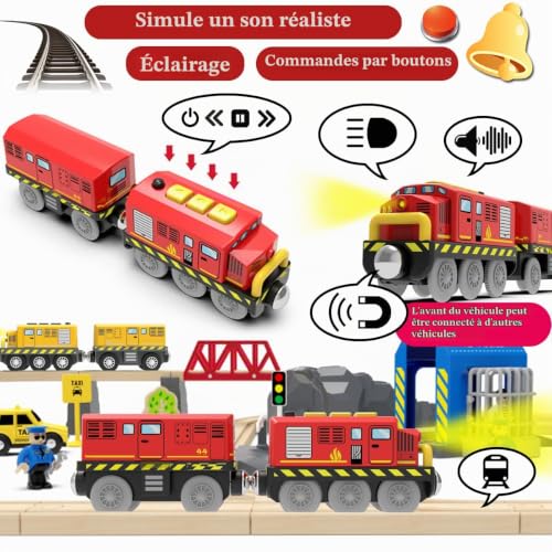 LiRiQi Treno Elettrico per Bambini, Rail Treno passeggeri, Locomotiva ad Azione a Batteria, Set di proiettili per Motore Compatibile Thomas Brio, Giocattolo educativo Regali Bambini, Rouge – vue 4