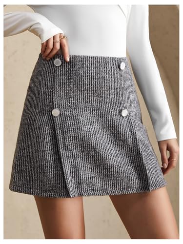 Women's High Waisted Tweed Skirt Button Front A Line Mini Work Office Skirts3