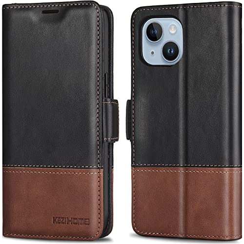 Kezihome Compatible With Iphone 14 Plus Case, [Rfid Blocking] Genuine Leather Wallet Case [Credit Card Holder] [Tpu Inner Shell] Shockproof Stand Flip Cover For Iphone 14 Plus 6.7'' (Black/Brown) #TOP14