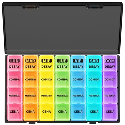 Pastillero Semanal 4 tomas Español, Opret Pastillero Diario con 28 Compartimentos, Organizador Pastillas y Dispensador Comprimidos para Viaje
