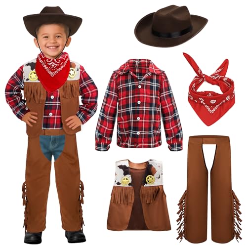deAO Déguisement Cowboy, Enfant Costume Cowboy avec Chapeau Bandana Vest Chemise à Carreaux Rouges et Pantalon, Halloween Carnival Noël Cosplay pour Garçons 2-3, 4-5, 6-8 (3T)