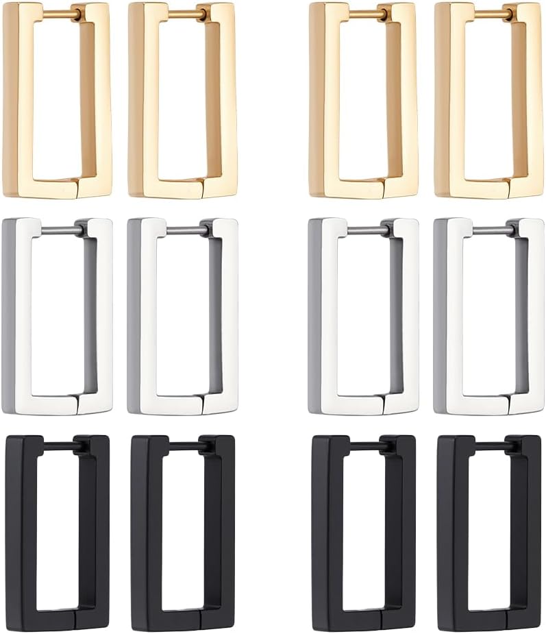 UNICRAFTALE 12Pcs 3 Colors Stainless Steel Huggie Hoop Earrings 20.5mm Long Rectangle Endless Hoop Earrings Huggie Earring Sleepers Piercing Earring for Women