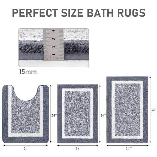 Pauwer Bathroom Rugs Sets 3 Piece Bathroom Shower Rugs with U-Shaped Contour Toilet Mat Absorbent Microfiber Plush Bath Mats Non Slip Bath Rugs Machine Washable Shaggy Bath Floor Mats