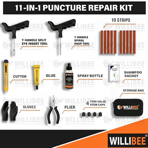 Image of WILLIBEE 11-in-1 (Pack of 10 Strips) Puncher Kit | Emergency Tool Kit, Tubeless Tyre Puncture Repair Kit for Bike & Car (with Storage Bag)
