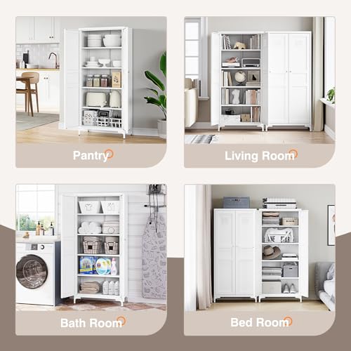 Image of Yizosh Metal Storage Cabinet with 2 Doors and 4 Adjustable Shelves - 61 inch White Kitchen Pantry Storage 5-Tier Tall Steel Cabinets Locker for Kitchen, Living Room, Dining Room