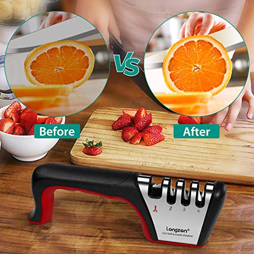 4-In-1 Longzon [4 Stage] Knife Sharpener With A Pair Of Cut-Resistant Glove, Original Premium Polish Blades, Best Kitchen Knife Sharpener Really Works For Ceramic And Steel Knives, Scissors. #TOP6
