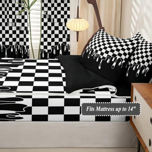 Image of Black and White Checkered Easy Wash Zipper Bedding Full,Checkerboard Drip Removable Cover Comforter Set with Deep Pocket Fitted Sheet,Y2K Aesthetic Geometric Soft Breathable Bed in a Bag for Dorm