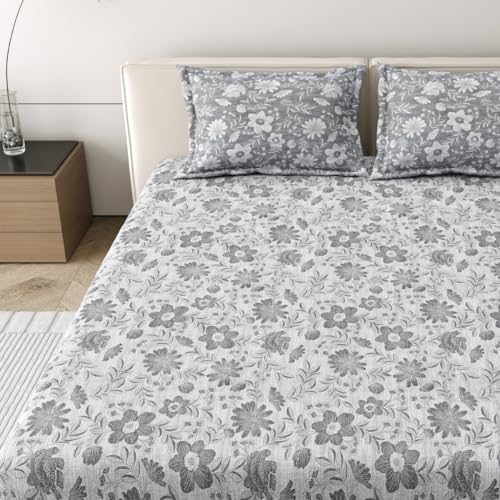 Image of Mafatlal 186 Tc Corsica Pure Cotton King Size Bedsheet | 274 X 274 Cm | Summer Flat Sheet for Relaxing Sleep Comfort | Includes 2 Pillow Covers | Grey Luster