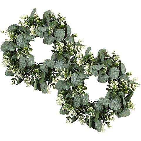 FULANDL 2PCS Artificial Eucalyptus Wreath, 11" Faux Green Leaves Wreath Farmhouse Greenery Wreath, Round Eucalyptus Wreath Outdoor Green Garland for Front Door Wall Hanging Window Decor Cover