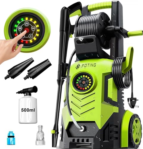 High Pressure Washers w/ 8 Level Touch Screen 100-200bar, Flow Rate: 280-500l/h, Coverage: max. 60㎡/h, Foam Cannon and Adjustable 6-in-1 Nozzles, Jet Washer Power Washers for Patio/Car/Home Cleaning