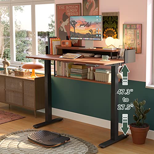 Image of FEZIBO Electric Height Adjustable Standing Desk with Double Shelves, 48 x 24 Inch Home Office Desk with Monitor Stand and Storage, Sit Stand Rising Desk, Nature