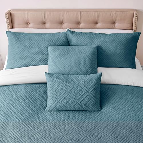 &ndash; All-season Lightweight Bedspread & Coverlet With Pinsonic Weave - 7 Piece Queen Quilt Set With Pillow Shams, Stone Blue - Queen Diamond