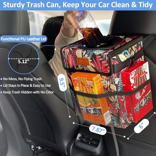 Image of ELONGRIVER Car Trash Can Bin for Back Seat Leak Proof, Cute Car Trash Bag Hanging, Vehicle Trash Can for SUV Truck Van, Automotive Garbage Cans Front Seat Red Leaves, 2 Gallons