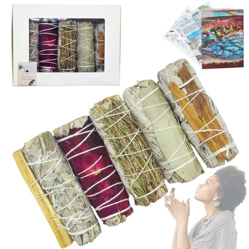 SAMAYZEN - Kit Sahumerios Salvia Blanca para Quemar con Palo Santo, Canela, Rosas, Eucalipto, Romero - Incienso Natural para meditar y Relajarse - Limpieza energética de la casa - Smudge