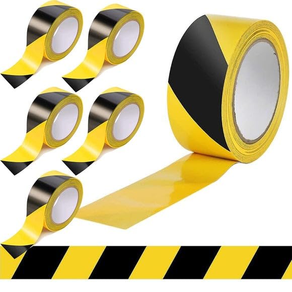 Tezraftaar® 72 x Hazard Warning Floor Marking Tape 48mm x 33m Black & Yellow HDPE High Visible Adhesive Caution Warning Barrier Tape for Flooring Steps Parking