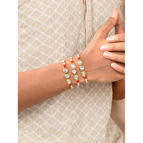 Image of Peora Rakhshabandhan Thread Rakhi for Brother Bhaiya | Crystals & Kundan Studded | Combo, Set of 3 | Rakhi Hamper with Roli Chawal & Greeting Card