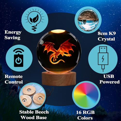 Image of Dragon Night Light, 3.15 Inch (80mm) K9 Crystal 3D Lamp with Remote 16 Color for Birthday Xmas Cool Figurines Dragon Gifts for Room Decor Boys Girls