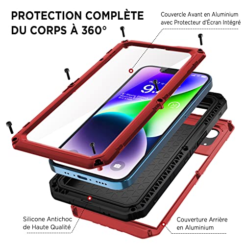 Beeasy pour iPhone 14 Coque, IP68 Étanche et 360° Militare Antiurto Protection Intégrale Étui Protecteur d'Écran Intégré, Incassable Renforcée Résistante Robuste Métal Armor Case, Rouge – vue 7