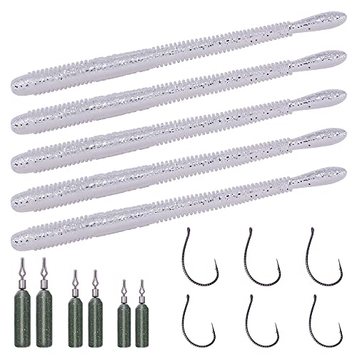 Drop-Shot-Rigs-for-Bass-Fishing-Soft-Plastic-Lures-Worm Fishing Hooks, 4.5 inch Rubber Worms, Wacky Worms, Straight Tail Stick Baits -22 Piece Kit with 10 Bodies, 6 Hooks, 6 Weights