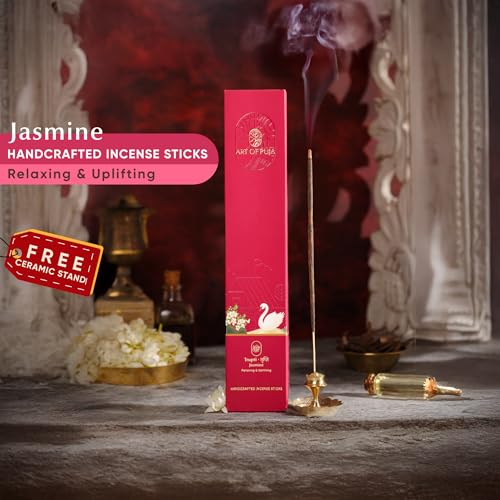 Image of Jasmine (Mogra) Handcrafted Incense-30 Premium Agarbatti Stick | 1 Hr Burning Time, 2+ Hr Retention | Long Lasting Floral Aroma, Low Smoke | Free Agarbatti Stand | Incense Sticks for Home