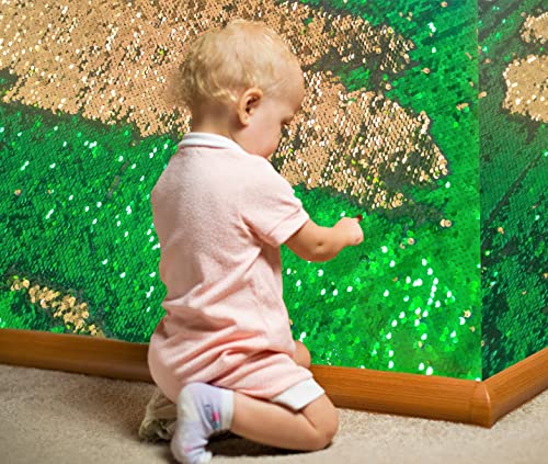 Tissu mural sensoriel à paillettes émeraude et or pour éveil d'enfants