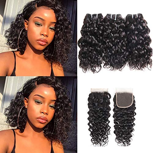 Water Wave Human Hair Bundles With Closure 12 14 16+10 Brazilian Virgin Wet and Wavy Human Hair 3 Bundles With Free Part Lace Closure Natural Black 70g/bundle(12/14/16+10)