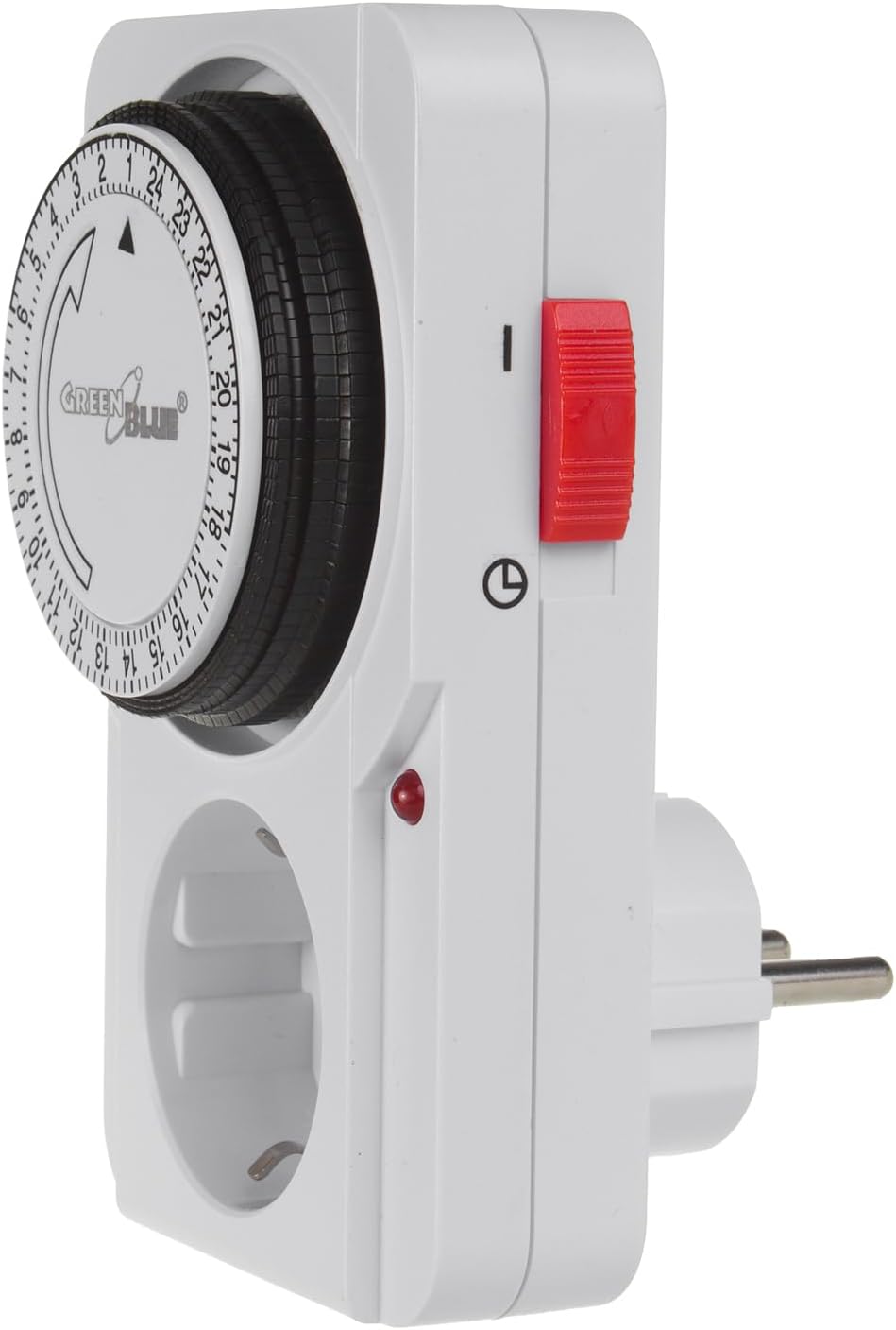 Side view of the Green Blue GB360F timer, highlighting the red manual override switch with a clock symbol and an 'I' symbol.