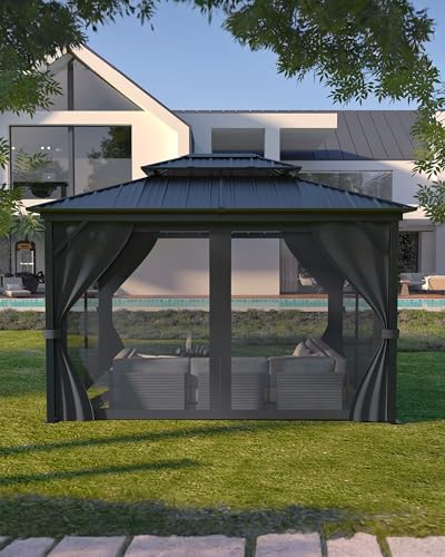 12x14 Ft Hardtop Gazebos with Heavy Duty Double Roof, Nettings and Curtains Galvanized Steel Outdoor Gazebos for Patio, Backyard, Deck, Lawn (Grey)
