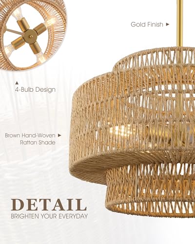 Image of 18 inch Boho Rattan Chandelier, Gold Finish, AD-25050-4P-GD | 4-Light 3-Tier Hand Woven Dining Room Light Fixture, Natural Brown Pendant Lights for Living Room Kitchen Island