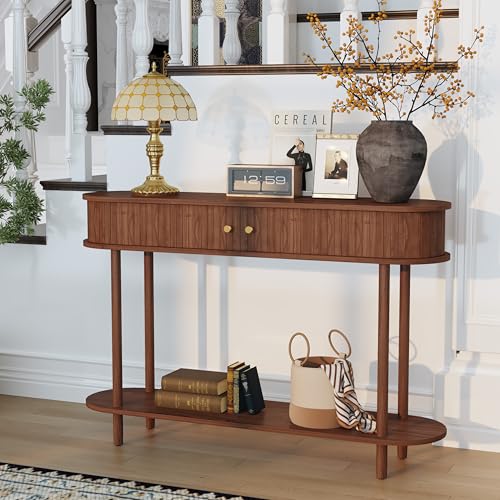 ARTPOWER Modern Entryway Table with Wood Tambour Door, Accent Behind Couch Sofa Console with Storage, Fluted Side Table for Hallway, Living Room, Foyer, Brown - Thumbnail 3