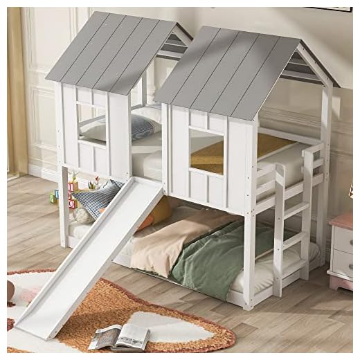 Polibi Twin-Over-Twin Wooden House Bunk Bed with Slide, Windows, Ladder and Guardrails, Twin Size White House Bunk Bed