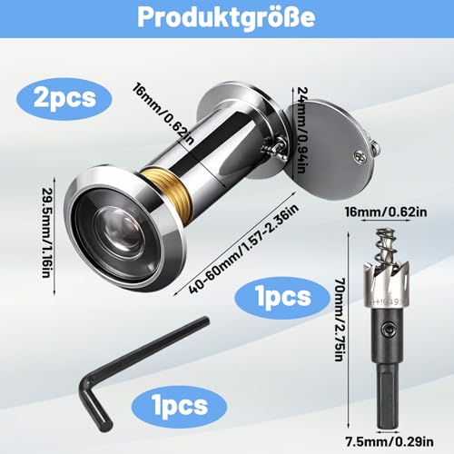2 Stück Sicherheits Türspion ，Türspion ohne Bohren und Türspion Abdeckung, mit 220° Sichtfeld, Einfache Montage für Holztüren und Metalltüren mit 40-60 mm Türstärke und 16-21 mm Öffnungsdurchmesser