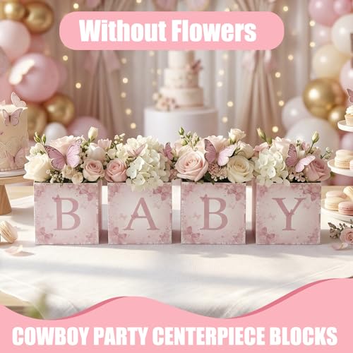 Image of Bucherry 6 Pcs Baby Shower Centerpiece Boxes with 'baby' Letters Flower Boxes Tables Decoration for Girl Baby Shower, Birthday, Gender Reveal Party Favors(Pink,Pink Bow)