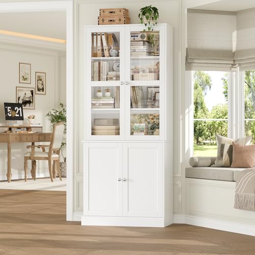 FACBOTALL 73.2 Tall Bookcase with Glass Doors 6-Tier Book Shelf with Adjustable Shelf Tall Bookshelf with Storage Cabinet Deep Bookshelf Glass Display Cabinet for Living Room Home Office White