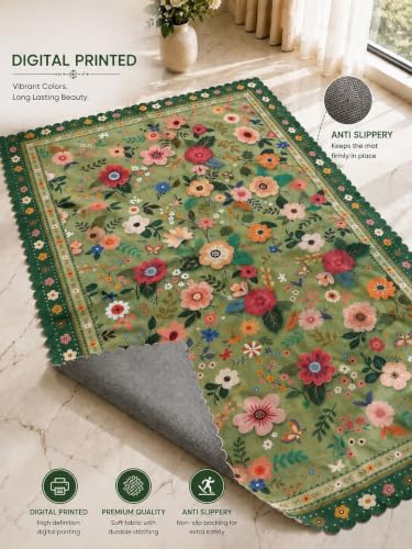 Image of RD TREND Carpet for Hall Digital Printed Carpet for Living Room 52x84 inch | Anti Slip Backing Rug for Bedroom Floor & Home Decor | Green Flower