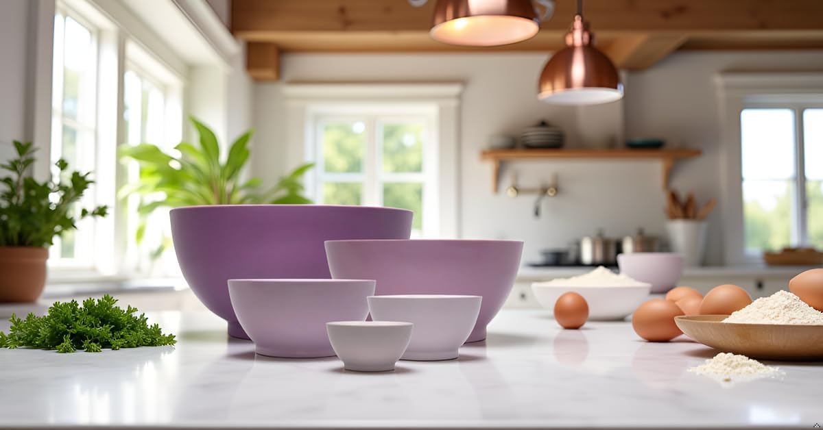 5-Piece Non-Spill Plastic Mixing Bowl Set - Reusable Nesting Kitchen Bowls with Concave Inner Lip and Non-Slip Base - Ideal for Baking, Prepping, Cooking and Serving - Dusty Plum
