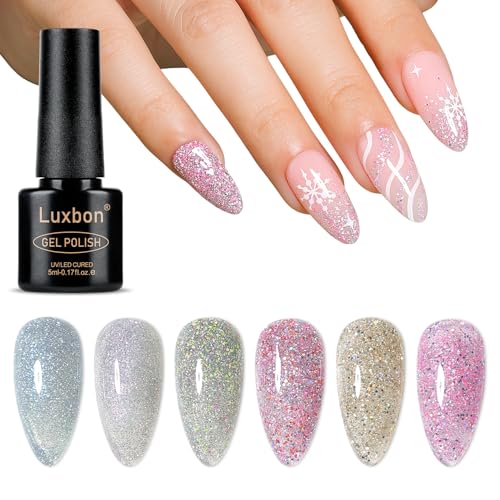 Luxbon 6 piezas Glittery Gel Esmaltes de Uñas Semipermanentes Set - Set de colores de invierno Esmalte en gel de larga duración, uv led Soak Off Nail Art Designs Kit de manicura 030