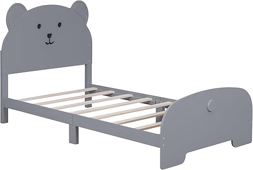 Miniatura 4 de Cama de plataforma de madera de tamaño individual con cabecero y estribo en forma de oso, sin ruido, para niños, adolescentes, niños y niñas, no