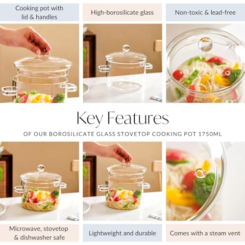 Image of Nestasia Borosilicate Glass Cooking Pot on Gas Stove (1750 ml) - Transparent Casserole with Air Vent Glass Lid | Microwave & Dishwasher Safe Durable Vessel for Kitchen
