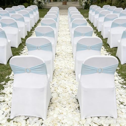Image of Spandex Chair Sashes Bands, Baby Blue, 30PCS | Stretch Chair Ties Bows, With Buckle Slider, For Wedding Party Banquet Decoration