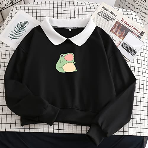 Kiekiecoo Cute Aesthetic Frog Crop Sweatshirt For Teen Girls Kawaii Cartoon Graphic Hoodie Womens Cotton Pullover Sweaters(Black,M) #TOP1