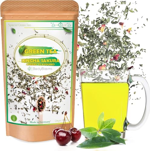 BODYBLOOMS® Té verde Hojas verdes Sencha Sakura aromatizado con cereza de origen chino para los conocedores del té verde en hojas con un sabor único. Té verde para adelgazar, infusiones y hierbas