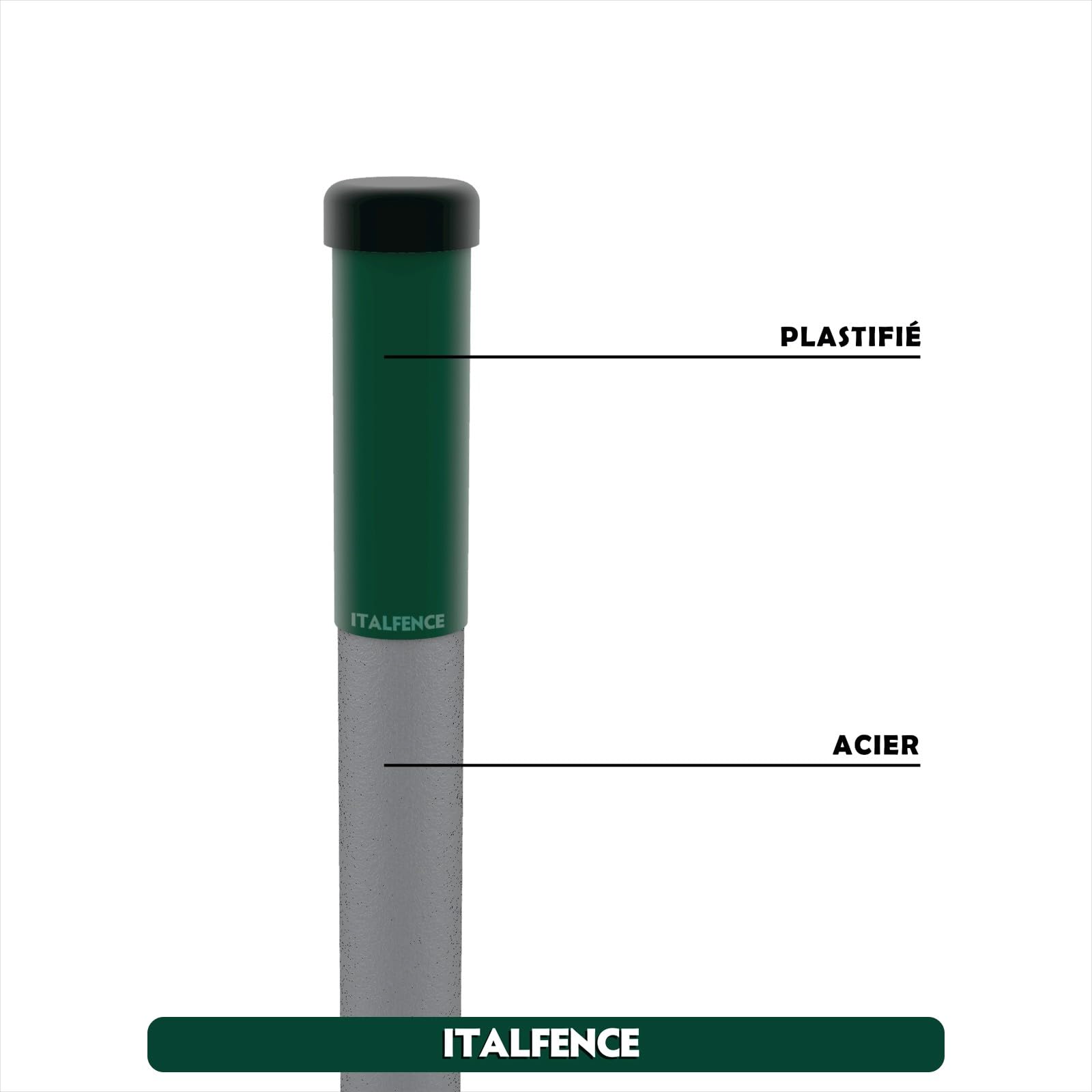 Lot de 5 piquets ronds pour clôture en fer plastifié vert [H125cm, Ø34mm]