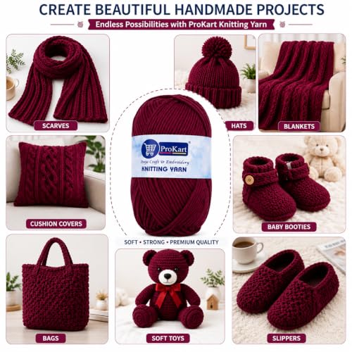 Image of ProKart Premium 4 Ply Woolen Knitting Yarn 100g | Soft Hand Knitting & Crochet Wool for Sweaters, Scarves, Hats, Baby Clothes, Purses & DIY Crafts (Maroon, 1 Ball)