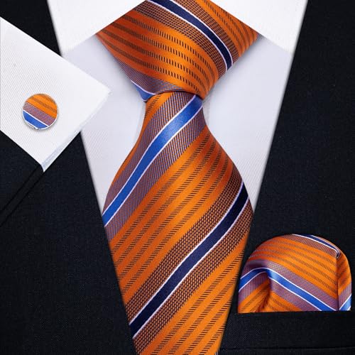 Image of YourTies Orange Ties for Men Striped Tie Woven Silk Necktie Handkerchief Cufflinks Set Formal Business Party Wedding