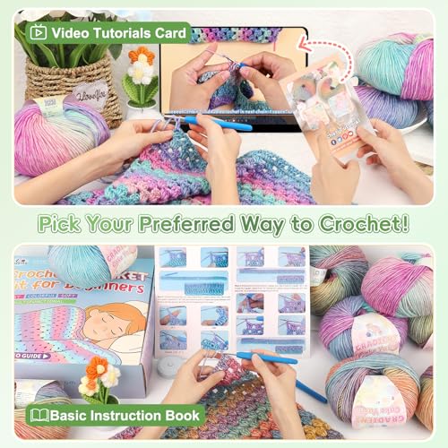 Image of Aeelike Blanket Crochet Kit for Beginners, Super Easy Crochet Blanket Kit with Soft & Colorful Gradient Yarns Detailed Video Tutorials Accessories, Ideal Gift for Crocheter & Moss Green Gradient