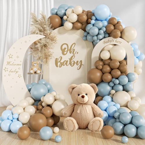 146Pcs Dusty Blue and Brown Balloon Arch Kit Bear Baby Shower Decorations with Brown Sand White Dusty Blue Balloons for Baby Shower Decorations Gender Reveal Birthday Party Decoration