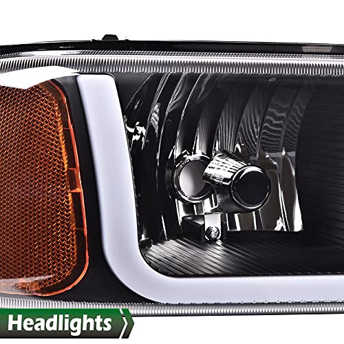 Image of GRAND ORANGE LED DRL Headlights W /Bumper Signal Lamps, Compatible with 1999-2007 GMC Sierra 1500 / Fit 1999-2006 GMC Yukon XL 1500 2500 Clear Lens Black Housing Amber Reflector faros delanteros